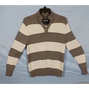 CARBON Men's XL Gray and White Striped 3 Button Mock Neck Sweater 100% Cotton